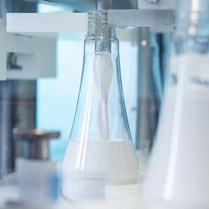 Weiße Flüssigkeit wird in Flaschen gefüllt