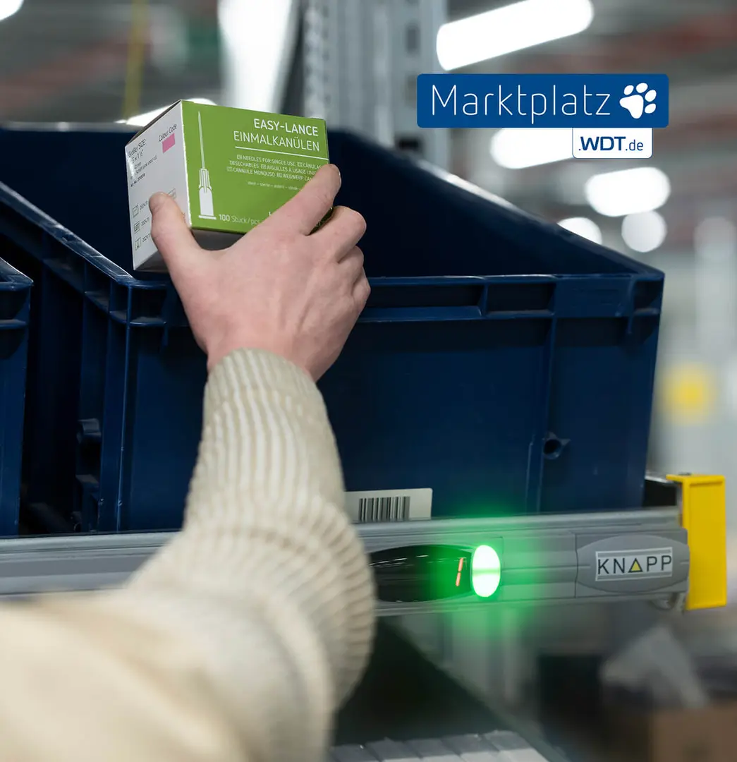 Mitarbeiter packt Pharmaprodukte im Grosshandel der WDT